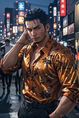 (1 image only), solo male, 1boy, Masaharu Kaito, Yakuza, 38 years old, Asian, Japanese, brown eyes, black hair, short hair, cropped black hair, chinstrap beard, small scar cuts through left eyebrow, handsome, tall and muscular build, orange and yellow and black floral silk button down shirt, light grey dress pants, black slip-on leather loafers, fit body, mature, manly, hunk, masculine, virile, confidence, charming, alluring, upper body in frame, night at Kabukicho Tokyo, perfect anatomy, perfect proportions, 8k, HQ, (best quality:1.5, hyperrealistic:1.5, photorealistic:1.4, madly detailed CG unity 8k wallpaper:1.5, masterpiece:1.3, madly detailed photo:1.2), (hyper-realistic lifelike texture:1.4, realistic eyes:1.2), high_resolution, picture-perfect face, perfect eye pupil, detailed eyes,  perfecteyes, perfecteyes, dutch angle