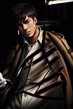 solo male, Genma Shizume, Asian, Japanese, black hair, chinstrap beard, sideburns, black eyes, calm eyes, slitty eyes, intense gaze, (dress in layers), (white-collared-shirt under black-suit-jacket:1.6), black necktie, (black-suit-jacket under light-brown-trench-coat, open-trench-coat:1.6), black pants, black gloves, mature, masculine, handsome, charming, allurin, grin, smile, upper body, perfect anatomy, perfect proportions, (best quality, masterpiece, high_resolution:1.3), (perfect eyes, perfecteyes:1.3)