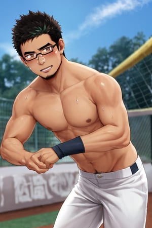 (1 image only), solo male, bara, Kyoichi Ootomo, Live A Hero, Asian, Japanese, hero, short hair, black hair, green streaked hair, sideburns, black eyes, facial hair, goatee, (wore glasses), tan skin, white bandaid on nose, glasses, (complete topless, shirtless), bare chest, bare shoulder, bare neck, bare arms, white baseball pants, shy, blush, smile, mature, handsome, charming, alluring, standing, perfect anatomy, perfect proportions, (best quality, masterpiece), (perfect eyes, perfect eye pupil:1.2), perfect hands, high_resolution, dutch angle, Baseball Players,Baseball Players, baseball field, sweaty skin, shiny skin, fighting_stance, competitive photo, studio photoshoot,masterpiece