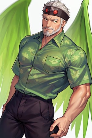 (1 image only), solo male, bara, Hogen, Tokyo Afterschool Summoners, Asain, Japanese, Tengu, old man, white hair, short hair, gold eyes, thick eyebrows, white facial hair, white beard, (black Tokin headwear, tengu-geta), (green hawaiian shirt, partially unbuttoned shirt), (untucked shirt:1.5), black pants, mature, handsome, charming, alluring, standing, upper body in frame, perfect anatomy, perfect proportions, 2D, anime, (best quality, masterpiece), (perfect eyes, perfect eye pupil), high_resolution, dutch angle, Tokyo city street, better_hands, green wings