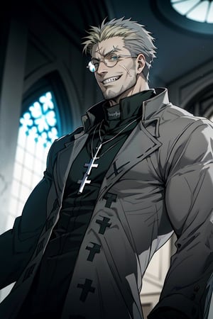 solo male, Alexander Anderson, Hellsing, Catholic priest, short silver-blond hair, green eyes, crazy eyes, tanned skin, defined squared jaw, light facial hair, wedge-shaped scar on left cheek, round glasses, black clerical collar shirt with blue trim, (open grey coat:1.5), open coat, black trousers, black boot,  white gloves, silver cross necklace, (single cross:1.2), mature, middle-aged, imposing, tall, handsome, charming, alluring, evil grin, upper body, perfect anatomy, perfect proportions, best quality, masterpiece, high_resolution, dutch angle, cowboy shot, photo background, Vatican City, indoor