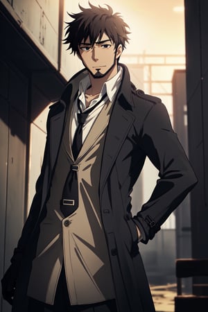 solo male, Genma Shizume, Asian, Japanese, black hair, chinstrap beard, sideburns, black eyes, calm eyes, slitty eyes, (white collared shirt, black necktie, black jacket:1.3), (brown trench coat, open trench 
 coat:1.3), black pants, black gloves, mature, masculine, handsome, charming, allurin, smile, standing, upper body, hand on waist, perfect anatomy, perfect proportions, (best quality, masterpiece, high_resolution:1.3), perfect eyes, dutch angle, cowboy shot