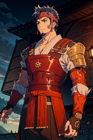solo male, Kibito Araka, Kabaneri of the Iron Fortress, short hair, dark blue hair, brown-golden eyes, goatee, muscular build, tall, samurai armor, white Juban \(kimono\)
, (orange Haidate \(armored Skirt\)), orange plated cuirass, red waistband, padded sleeves, khaki pants, brown gauntlet, fingerless gauntlet, purple armored faceplate, black puttee, sandals, mature, handsome, charming, alluring, standing, upper body, perfect anatomy, perfect proportions, best quality, masterpiece, high_resolution, dutch angle, cowboy shot, photo background,1boy,photo of ofrlev person