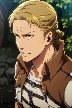 solo male, Eld Gin, Attack on Titan, blond hair, middle parting hair, single hair bun, brown eyes, sideburns, thin goatee, Scout Regiment uniform, white shirt underneath, brown jacket, white pants, three-dimensional maneuver gear, mature, handsome, charming, alluring, (portrait, close-up), perfect anatomy, perfect proportions, best quality, masterpiece, high_resolution, dutch angle, photo background, AttackonTitan