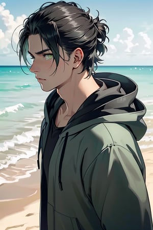 Eren Jaeger(black hair,:1.2), (grey-green eyes:1.4), fit body, shirt, ( black jacket, long sleeves, open clothes, hood, hood down), collarbone, charming, alluring, dejected, depressed, sad, (standing), (upper body in frame), simple background(beach, sunny day, endless ocean, mid day), backlight, cloudy blue sky, perfect light, only 1 image, perfect anatomy, perfect proportions, perfect perspective, 8k, HQ, (best quality:1.5, hyperrealistic:1.5, photorealistic:1.4, madly detailed CG unity 8k wallpaper:1.5, masterpiece:1.3, madly detailed photo:1.2), (hyper-realistic lifelike texture:1.4, realistic eyes:1.2), picture-perfect face, perfect eye pupil, detailed eyes, realistic, HD, UHD, (front view, symmetrical picture:1.2), look at viewer, tear in eyes