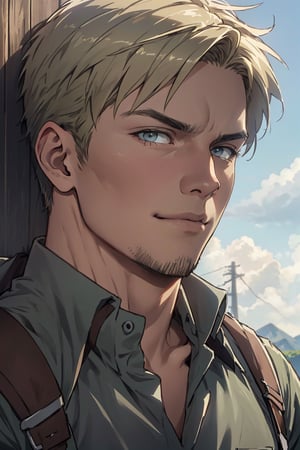 mike_zacharias, blonde hair, bangs parted from middle, pale blue eyes, chin strap stubble, green shirt, (AttackonTitan, scout regiment uniform), fit body, mature, 42 years old, charming, alluring, smirk, calm eyes, (standing), (upper body in frame), simple background, green plains, grey blue cloudy sky, dawn, only1 image, perfect anatomy, perfect proportions, perfect perspective, 8k, HQ, (best quality:1.5, hyperrealistic:1.5, photorealistic:1.4, madly detailed CG unity 8k wallpaper:1.5, masterpiece:1.3, madly detailed photo:1.2), (hyper-realistic lifelike texture:1.4, realistic eyes:1.2), picture-perfect face, perfect eye pupil, detailed eyes, realistic, HD, UHD, (front view, symmetrical picture, vertical symmetry:1.2), look at viewer