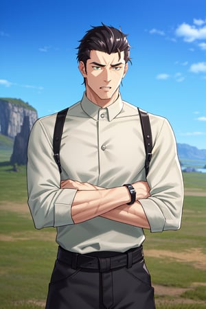(1 image only), solo male, Kaburagi, Deca Dence, greying black hair, slicked back hair, thick eyebrows, sideburns, goatee, green eyes, scar, tucked-in wide necked short-sleeved white shirt, sleeves tucked up and buttoned, short sleeves, olive wide pants, brown boots. black belt tied. leather bracelet, toned male, mature, handsome, charming, alluring, (arms crossed), upper body, perfect anatomy, perfect proportions, best quality, masterpiece, high_resolution, dutch angle, cowboy shot, outdoors, day, blue sky, science fiction, photo background, (Hands:1.1), better_hands, perfect fingers