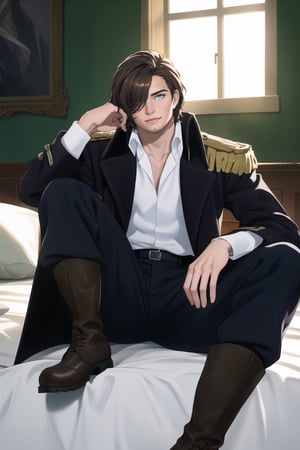 (human:1.2), highres, masterpiece, high quality, (high resolution:1.2), 1guy, solo, (Graf Granatbrown hair, brown hair, hair parted to one side, facial hair, stubble, blue eyes, sanpaku, hair over one eye), white collared shirt, exposed shirt, black pants, matching boots. dark blue coat, open coat, (coat over shoulders), gold epaulettes, muscular, sitting on bed, legs up, spread eagle position, lying back, body, (day, palace), looking at viewer, innocent face, depth of field, bokeh, detailed, highly detailed, sharp focus, intricate, smooth, elegant, fantasy, cinematic lighting, cinematic, masterpiece, matte, photorealistic, 4k, beautiful, volumetric lighting, dramatic, Gayspreadeagle,Granat