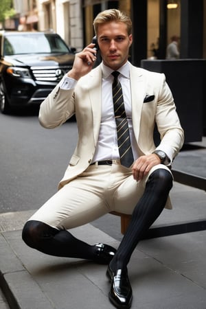 long socks, underwear, Reiner Braun, blond hair, short hair, stubble, facial hair, hazel eyes, full body portrait, male focus, handsome, beautiful, photorealistic, ribbed socks, black vertical stripe socks, gold striped tie, men in suit, loafers, wearing shorts, men, sitting, solo, editorial, leg_spread, shirt with collars, wearing expensive watch, on the avenue, wearing black loafers, talking on the phone