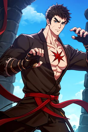 solo male, Grappler, Dungeon Fighter Online, black hair, short hair, brown eyes, thick eyebrows, forked eyebrows, stubble, green eyes, scars on face, scar on cheek, scar on chest, pectorals, pectoral cleavage, rn black dougi, black pants, red martial arts belt, yellow fingerless gloves, barefoot, bandaged hand, toned male, mature, handsome, charming, alluring, serious, fighting stance, upper body, perfect anatomy, perfect proportions, ((perfect eyes, perfect, parfect fingers)), best quality, masterpiece, high_resolution, dutch angle, cowboy shot, photo background