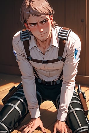 Gay man,  score_9,score_8_up,score_7_up, male receiver  Jean Kirstein, brown hair, light-brown eyes, thin eyebrows, facial hair, stubble, white collared shirt, long sleeves, dark pants, three-dimensional maneuver gear, straps, perfect anatomy, kneeling, blush, smirk, awkward, innocent face, look up, spread legs,masterpiece, hands on knee,JeanKirstein