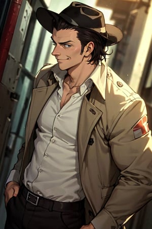 solo male, Kenny Ackerman, Attack on Titan Anime style, brown hair, hair slicked back, grey eyes, sideburns, shaved face, (white collared shirt, untucked shirt), brown trench coat, (dark fedora hat), black pants, athletic build, mature, handsome, charming, alluring, smirk, standing, upper body, perfect anatomy, perfect proportions, best quality, masterpiece, high_resolution, dutch angle, cowboy shot, photo background, 