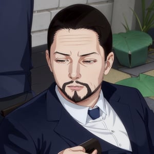 (solo male), Maeda, Asobi Asobase, butler, black hair, short hair, black eyes, facial hair, dark blue 3 Piece Suit, formal, white collared shirt, red necktie, dark blue vest, dark blue jacket, dark blue pants, mature, handsome, charming, alluring, portrait, close-up, perfect anatomy, perfect proportions, best quality, masterpiece, high_resolution, ((IncrsLimmyWakingUpMeme, sleepy))