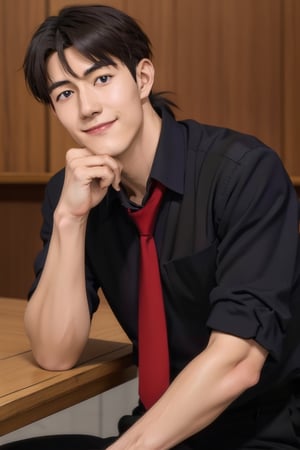 (1 image only), solo male, Ryoji Kaji, Neon Genesis Evangelion, Asian, Japanese, dark brown hair, bangs, short ponytail, dark brown eyes, thin stubble, blue collared shirt, red sleeves rolled up, necktie, black pants, smile, mature, handsome, charming, alluring, (head rest), pov, upper body, table, perfect anatomy, perfect proportions, 2D, anime, (best quality, masterpiece), ((perfect eyes, perfect eye pupil)), perfect hands, high_resolution, dutch angle