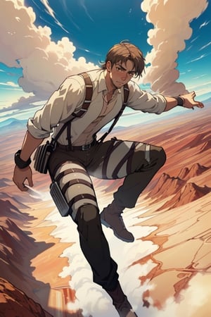 Jean Kirstein(brown hair, stubble, light brown eyes), ((pure white collared shirt, fit shirt, black pants)), mature, manly, hunk, charming, alluring, seductive, highly detailed face, detailed eyes, perfect light, ((only 2 legs, perfect legs)), ((, floating in the air, flying on very high sky, dangling)), simple background, empty sky with cloud, (best quality), (8k), (masterpiece), best quality, 1 image, perfect anatomy, perfect proportions, perfect perspective, (AttackonTitan, wearing Omni-directional mobility gear), ((full body in frame)), dutch angle, dynamic, (Hands:1.1), better_hands, (red rock desert in background distant, vast steamy smoke on the ground in far horizon)