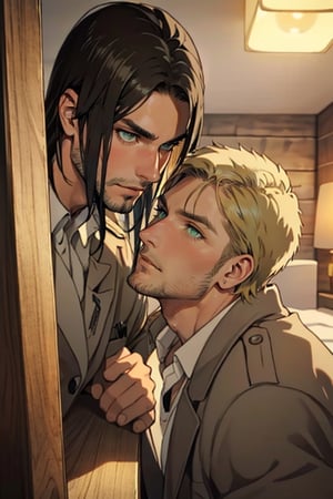 couple, ((2people)), first man giver(Eren Jaeger, ,erenad, black hair, long hair, long straight hair, hair down, stubble, grey-green eyes:1.3), second mature man receiver(reiner braun, blond hair, short hair, stubble, hazel eyes:1.3), (uniform, white collared shirt, opem brown trench coat:1.2), (different hair style, different hair color, different face, same height:1.4), makeout, eye contact, gay, homo, slight shy, charming, alluring, seductive, highly detailed face, detailed eyes, perfect light, 1930s military red brick basement, spacious room, retro, oil lamp light outside frame, (best quality), (8k), (masterpiece), best quality, 1 image, manly, perfect anatomy, perfect proportions, perfect perspective 