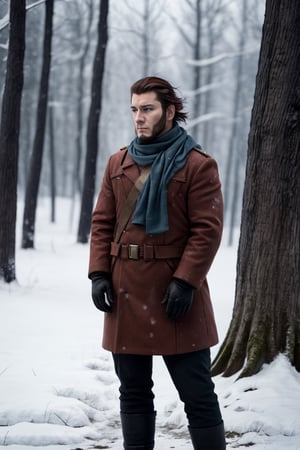 (human), (1 image only), solo male, Vasily Pavlichenko, Golden Kamuy, Russian, sniper, brown hair, blue eyes, sharp eyes, defined eyelashes, furrowed brow, wavy medium-length hair, bold sideburns, short and neat Shenandoah beard, lightly-colored coat, dark gloves, scarf, pants, boots, crossbody bag, handsome, charming, alluring, standing, upper body in frame, perfect anatomy, perfect proportions, 2d, anime, (best quality, masterpiece), (perfect eyes, perfect eye pupil), high_resolution, dutch angle, snowy forest, better_hands,(1man)
