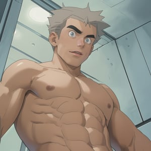 (human:1.2), highres, masterpiece, high quality, (high resolution:1.5), 1guy, solo, BREAK (samuel_oak, mature, asian, japanese, black eyes, oldman, grey hair, pectoral focus, solo, muscular, BREAK upper body, standing, ((pectorals focus, from below)), BREAK (topless, complete nude, bare chest, bare neck, bare shoulders, bare belly:1.5), masculine, manly, nipples, male pectorals, bare pectorals, big pectorals, (perfect pectorals, perfect nipples), (perfect face, perfect eyes:1.4),