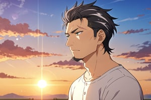 score_9, score_8_up, score_7_up, score_6_up, perfect anatomy, perfect proportions, best quality, masterpiece, high_resolution, high quality, aesthetic, absurdres, solo male, Kaburagi, black hair, grey hair streak, multicolored hair, hair slicked back, facial hair, goatee, green eyes, sanpaku, constricted pupils, eyebrow slit, scar, white shirt, wide necked shirt, short-sleeved shirt, sleeves tucked up and buttoned, mature, handsome, charming, alluring, masculine, serious, intense eyes, v-shaped eyebrows, mad, passionate, bruise, look outside, leaning forward, close up, headshot, from side, eyes focus, cropped, dutch angel, blue sky, day, cloud, science fiction, cinematic, cinematic still, emotional, harmonious, bokeh, cinemascope, moody, epic, gorgeous, lens flare
