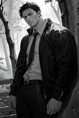 (1 image only), solo male, Agawa Daigo, Gannibal, Asian ,Japanese, black hair, short hair, thin stubble, black eyes, policeman, white collared shirt, dark blue necktie, black jacket, long sleeves, buttoned up jacket, dark blue pants, black shoes , mature, handsome, charming, alluring, perfect anatomy, perfect proportions, (best quality, masterpiece), (perfect eyes), perfect hands, high_resolution, dutch angle, cowboy shot, rural .pastoral, forest, creep, suspense, horror, manga, greyscale, monochrome, best quality