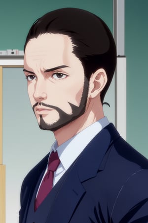 solo male, Maeda, Asobi Asobase, butler, black hair, short hair, black eyes, facial hair, dark blue 3 Piece Suit, formal, white collared shirt, red necktie, dark blue vest, dark blue jacket, dark blue pants, mature, handsome, charming, alluring, calm, polite, portrait, close-up, perfect anatomy, perfect proportions, best quality, masterpiece, high_resolution simple background, classroom
