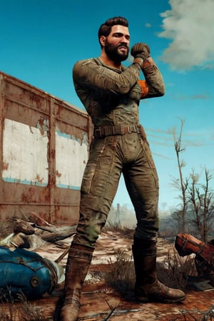 solo male, realistic, Paladin Danse, Fallout 4, short hair, warm black hair, light brown eyes, beard, orange-gray Brotherhood of Steel uniform, orange bodysuit, gloves, boots, mature, handsome, charming, alluring, upper body, perfect anatomy, perfect proportions, best quality, masterpiece, high_resolution, dutch angle, photo background, ruined overhead interstate, Fallout 4 location, post-apocalyptic ruins, desolated landscape, dark blue sky, fighting stance