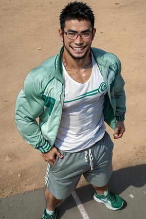 (1 image only), solo male, bara, Kyoichi Ootomo, Live A Hero, Asain, Japanese, athlete, PE teacher, short hair, black hair, green streaked hair, sideburns, black eyes, facial hair, goatee, (wore glasses), tan skin, white bandaid on nose, white t-shirt, ((pure green athletic jacket, open jacket)), grey shorts, sneakers, grin, mature, handsome, charming, alluring, standing, upper body, perfect anatomy, perfect proportions, (best quality, masterpiece), (perfect eyes, perfect eye pupil), perfect hands, high_resolution, dutch angle, school sports ground,(1man),best quality