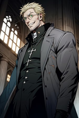solo male, Alexander Anderson, Hellsing, Catholic priest, short silver-blond hair, green eyes, tanned skin, defined squared jaw, light facial hair, wedge-shaped scar on left cheek, round glasses, black clerical collar shirt with blue trim, black trousers, black boot, open purple-ish grey coat, open coat, white gloves, single silver cross necklace, mature, middle-aged, imposing, tall, handsome, charming, alluring, evil grin, standing, upper body, perfect anatomy, perfect proportions, best quality, masterpiece, high_resolution, dutch angle, cowboy shot, photo background, Vatican City