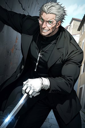 solo male, Alexander Anderson, Hellsing, Catholic priest, short silver-blond hair, green eyes, tanned skin, defined squared jaw, light facial hair, wedge-shaped scar on left cheek, round glasses, black clerical collar shirt with blue trim, black trousers, black boot, open purple-ish grey coat, open coat, white gloves, silver cross necklace, (single silver cross), mature, middle-aged, imposing, tall, handsome, charming, alluring, evil grin, upper body, perfect anatomy, perfect proportions, best quality, masterpiece, high_resolution, dutch angle, cowboy shot, photo background, Vatican City, fighting stance, dual wielding, holding swords,Alexander Anderson