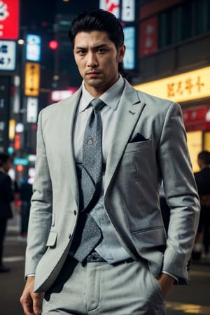 (1 image only), solo male, 1boy, Daigo Dojima, Yakuza, 34 years old, Asian, Japanese, black hair,  short hair, slicked back hair, stubble, handsome,  white collared shirt, (black suit jacket:1.4), black necktie, fit body, mature, manly, hunk, masculine,  virile, confidence, charming, alluring, upper body in frame, night at Kabukicho Tokyo, perfect anatomy, perfect proportions, 8k, HQ, (best quality:1.5, hyperrealistic:1.5, photorealistic:1.4, madly detailed CG unity 8k wallpaper:1.5, masterpiece:1.3, madly detailed photo:1.2), (hyper-realistic lifelike texture:1.4, realistic eyes:1.2), high_resolution, picture-perfect face, perfect eye pupil, detailed eyes,  perfecteyes, perfecteyes, dutch angle