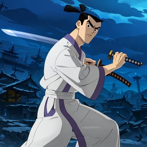 (1 image only), solo male, Samurai Jack, Cartoon Network style, Asian, Japanese, intense gaze, black hair, short topknot, black eyes, geta, white kimono, white sashes, wide sleeves, mature, handsome, charming, alluring, uperfect anatomy, perfect proportions, (best quality, masterpiece), (perfect hands), high_resolution, dutch angle, cowboy shot, fine art, (2d, flat), (single placket),  fighting_stance, holding sword, (perfect sword), battoujutsu, red and black cityscape