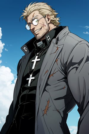 solo male, Alexander Anderson, Hellsing, Catholic priest, short silver-blond hair, green eyes, tanned skin, defined squared jaw, light facial hair, wedge-shaped scar on left cheek, round glasses, black clerical collar shirt with blue trim, black trousers, black boot, open purple-ish grey coat, open coat, white gloves, silver cross necklace, mature, middle-aged, imposing, tall, handsome, charming, alluring, evil grin, standing, upper body, perfect anatomy, perfect proportions, best quality, masterpiece, high_resolution, dutch angle, cowboy shot, photo background, Vatican City