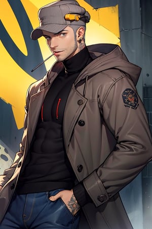 (1 image only), solo male, Munehisa Iwai,  Persona, Asian ,Japanese, Weapons Dealer, grey hair, short hair, stubble, grey eyes, sideburns, earrings, a tattoo of a gray-colored gecko on the left side of his neck, gray pin-striped hat with yellow ear defenders, black turtleneck sweater, long gray coat, open coat, coat hood down, simple blue jeans, black leather boots, mature, handsome, charming, alluring, lollipop in his mouth, standing, upper body, perfect anatomy, perfect proportions, (best quality, masterpiece), (perfect eyes), high_resolution, dutch angle, cowboy shot  