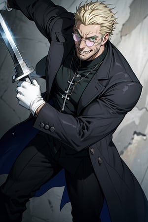 solo male, Alexander Anderson, Hellsing, Catholic priest, short silver-blond hair, green eyes, tanned skin, defined squared jaw, light facial hair, wedge-shaped scar on left cheek, round glasses, black clerical collar shirt with blue trim, black trousers, black boot, open purple-ish grey coat, open coat, white gloves, single silver cross necklace, mature, middle-aged, imposing, tall, handsome, charming, alluring, evil grin, upper body, perfect anatomy, perfect proportions, best quality, masterpiece, high_resolution, dutch angle, cowboy shot, photo background, Vatican City, fighting stance, dual wielding, holding swords
