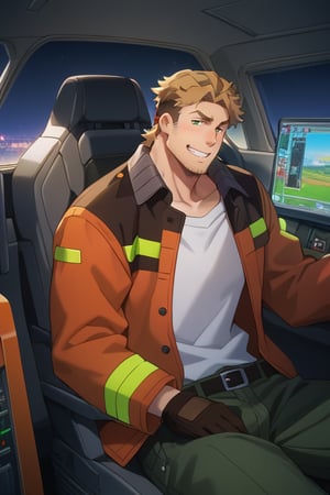 score_9, score_8_up, score_7_up, score_6_up, perfect anatomy, perfect proportions, best quality, masterpiece, high_resolution, high quality, solo male, Gagumber \(Sakugan\), brown hair, two-tone hair, sideburns, facial hair, stubble, green eyes, thick eyebrows, white tank top, orange high-visibility bomber jacket, open jacket, black gloves, green work pants, black boots, sitting, mecha cockpit, operator's seat, mecha joystick, multiple monitor screen, science fiction, adult, mature, masculine, manly, handsome, charming, alluring, grin, upper body, dutch angle, cowboy shot,Gagumber