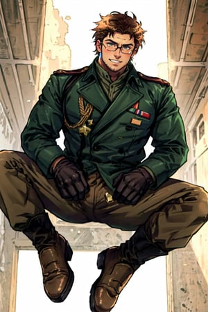 (1 image only), (solo male), 1boy, Sadik Adnan, Turkey, Hetalia: Axis Powers, Turkish male, olive-skinned, facial hair, chinstrap stubble, sideburns, (clean face), brown eyes, brown hair, short hair, grin, long green military trench coat, brown pants, knee-high boots, black gloves, handsome, mature, charming, alluring, full body, perfect anatomy, perfect proportions, 8k, HQ, (best quality:1.2, masterpiece:1.3), high_resolution, perfect eye pupil, dutch angle, perfecteyes, Hagia sophia loction, building, 2d, flat, cartoon, better_hands, perfecteyes, Male focus, (spread legs)