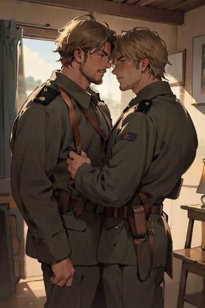 ((2peoplei)), 1 mature man giver(brown hair),1 mature dad receiver(blond hair), looking each other, ((uniform)), short hair, stubble, dilf, different hair style, different hair color, different face, makeout, eye contact, gay, homo, skight shy, charming, alluring, seductive, highly detailed face, detailed eyes, perfect light, 1910s military office room, retro, (best quality), (8k), (masterpiece), best quality, 1 image, ww1ger,  rugged, manly, hunk, perfect anatomy, perfect proportions, perfect perspective, mature,  