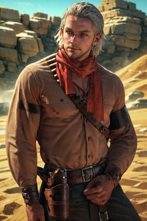 1boy, solo, Revolver Ocelot, 40 years old, grey eyes, white hair, stubble, (topless, shirtless:1.3), dark brown canvas pants, knee-high cowboy boots with spurs, red gloves, handsome, mature, masculine, virile, confidence, charming, alluring, upper body in frame, (Afghanistan desert:1.3), sky, perfect anatomy, perfect proportions, 8k, HQ, (best quality:1.5, hyperrealistic:1.5, photorealistic:1.4, madly detailed CG unity 8k wallpaper:1.5, masterpiece:1.3, madly detailed photo:1.2), (hyper-realistic lifelike texture:1.4, realistic eyes:1.2), high_resolution, picture-perfect face, perfect eye pupil, detailed eyes,  perfecteyes, perfecteyes, dutch angle, dynamic