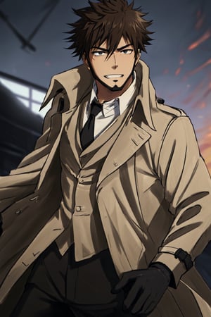 solo male, Genma Shizume, Asian, Japanese, black hair, chinstrap beard, sideburns, black eyes, calm eyes, slitty eyes, intense gaze, (dress in layers), white collared shirt, black necktie, (black suit jacket:1.3), (light brown trench coat, open trench coat:1.3), black pants, black gloves, mature, masculine, handsome, charming, allurin, grin, smile, upper body, perfect anatomy, perfect proportions, (best quality, masterpiece, high_resolution:1.3), (perfect eyes, perfecteyes:1.3)