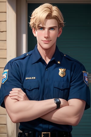 score_9,score_8_up,score_7_up, solo male, Lewis Smith, (blond hair), short hair, sideburns, blue eyes, (American police uniform, black collared shirt, black pants), (upperbody), cowby shot, dutch angel, mature, handsome, charming, alluring, masculine,manly, hunk, look at viewer, smile, perfect anatomy, perfect proportions, best quality, masterpiece, high_resolution, photo background, cinematic still, gorgeous, outdoor