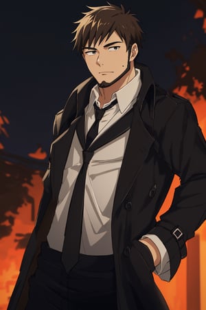 solo male, Genma Shizume, Asian, Japanese, black hair, chinstrap beard, sideburns, black eyes, calm eyes, slitty eyes, (white collared shirt, black necktie, black jacket:1.3), (brown trench coat, open trench coat:1.4), black pants, black gloves, mature, masculine, handsome, charming, allurin, smile, standing, upper body, hand on waist, perfect anatomy, perfect proportions, (best quality, masterpiece, high_resolution:1.3), perfect eyes, dutch angle, cowboy shot