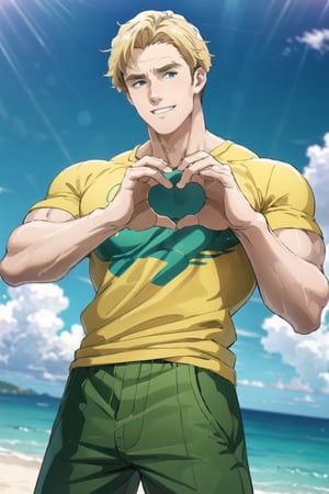 solo male, Lewis Smith \(Bang Brave Bang Bravern\), blond hair, short hair, blue eyes, ((blue t-shirt, khaki shorts)), ((heart hands)), blush, mature, handsome, charming, alluring, grin, standing, upper body, perfect anatomy, perfect proportions, best quality, masterpiece, high_resolution, dutch angle, cowboy shot, photo background, on aircraft carrier, ocean, sky, muscular, beefy,