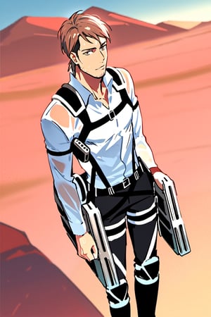 score_9, score_8_up, score_7_up, solo male, , Jean Kirstein, brown hair, light-brown eyes, thin eyebrows, facial hair, stubble, white collared shirt, wet shirt, long sleeves, black pants, three-dimensional maneuver gear, black combat boots, handsome, charming, alluring, full body, perfect anatomy, perfect proportions, best quality, masterpiece, high_resolution, dutch angle, cowboy shot, red rock desert background