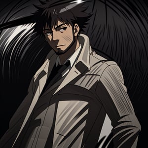 solo male, Genma Shizume, Asian, Japanese, black hair, chinstrap beard, sideburns, black eyes, calm eyes, slitty eyes, intense gaze, (dress in layers:1.3), white collared shirt, black necktie, (black suit jacket:1.2), (light brown trench coat, open trench coat:1.2), black pants, black gloves, mature, masculine, handsome, charming, allurin, grin, smile, upper body, perfect anatomy, perfect proportions, (best quality, masterpiece, high_resolution:1.3), (perfect eyes, perfecteyes:1.3),perfecteyes,<lora:659111690174031528:1.0>