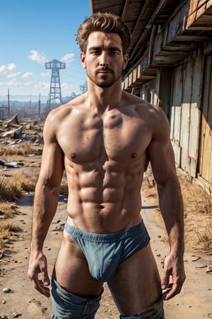 Robert MacCready, blue eyes, light brown hair, (facial hair), (complete topless, shirtless, bottomless, nude:1.5), fit body, handsome, charming, alluring, shy, erotic, dashing, intense gaze, (standing), (upper body in frame), ruined overhead interstate, Fallout 4 location, post-apocalyptic ruins, desolated landscape, dark blue sky, polarising filter, perfect light, only1 image, perfect anatomy, perfect proportions, perfect perspective, 8k, HQ, (best quality:1.2, hyperrealistic:1.2, photorealistic:1.2, madly detailed CG unity 8k wallpaper:1.2, masterpiece:1.2, madly detailed photo:1.2), (hyper-realistic lifelike texture:1.2, realistic eyes:1.2), picture-perfect face, perfect eye pupil, detailed eyes, realistic, HD, UHD, s0ftabs, (bare arms, bare shoulders, bare chest, bare neck:1.5), dutch_angle, side_view , VPL, erect, bulge