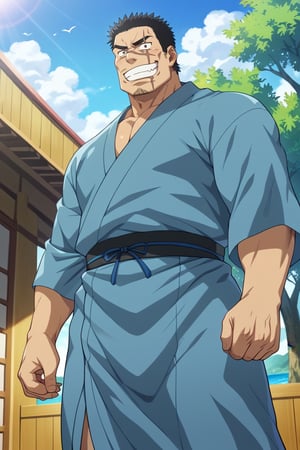 score_9, score_8_up, score_7_up, score_6_up, perfect anatomy, perfect proportions, best quality, masterpiece, high_resolution, high quality, best aesthetic, incredibly absurdres, highres, extremely detailed, huge filesize, mature, masculine, manly, virile, handsome, charming, alluring, bara, male focus, solo male, cowboy shot, source_anime \(My Bride is a Mermaid\), anime coloring \(My Bride is a Mermaid\), Gozaburo Seto \My Bride is a Mermaid\), MBMGozaburo, black hair, short hair, black eyes, sanpaku, sideburns, facial hair, stubble, thick eyebrows, scar across eye, scar across nose, Gozaburo_Outfit01, Japanese clothes, grey-blue yukata, grin, standing, outdoors, pohoto background, look at viewer, low angle