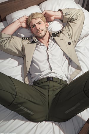 reiner_braun  1boy, solo, (extremely detailed CG unity 8k wallpaper), (masterpiece), (best quality), (ultra-detailed), (best illustration), (best shadow), upper body, (lying on bed, on back, spread legs), masculine, stubble, handsome, charming, alluring, smirk, awkward, shy, blush, perfect eyes, white collared shirt, (widely open tan trench coat), (military green pants), perfect anatomy, perfect proportions, perfecteyes, arms rised