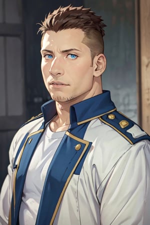 (1 image only), solo male, 1boy, Heymans Breda, Fullmetal Alchemist, anime, 2D, blue eyes, brown hair, short hair, high fade, stubble, handsome, chubby, open pure blue military uniform, confidence, charming, alluring, upper body in frame, perfect anatomy, perfect proportions, 8k, HQ, (best quality:1.2, hyperrealistic:1.2, photorealistic:1.2, masterpiece:1.3, madly detailed photo:1.2), (hyper-realistic lifelike texture:1.2, realistic eyes:1.2), high_resolution, perfect eye pupil, dutch angle,best quality, (long sleeves)