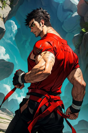 solo male, Grappler, Dungeon Fighter, black hair, short hair, brown eyes, thick eyebrows, forked eyebrows, stubble, green eyes, scars on face, scar on cheek, scar on chest, pectorals, pectoral cleavage, rn black dougi, black pants, red martial arts belt, yellow fingerless gloves, barefoot, bandaged hand, toned male, mature, masculine, hunk, handsome, charming, alluring, blush, shy, serious, fighting stance, upper body, perfect anatomy, perfect proportions, ((perfect eyes, perfect, parfect fingers)), best quality, masterpiece, high_resolution, dutch angle, photo background, (from behind), nape