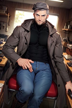 (1 image only), solo male, Munehisa Iwai,  Persona, Asian, Japanese, Weapons Dealer, grey hair, short hair, (grey pin-striped cap), stubble, grey eyes, sideburns, black turtleneck sweater, long gray coat, open coat, coat hood down, simple blue jeans, black leather boots, mature, masculine, handsome, charming, alluring, lying on chair, (foot on desk), holding lollipop, pov, perfect anatomy, perfect proportions, (best quality, masterpiece), (perfect eyes), high_resolution, dutch angle, [cowboy shot], weapon workshop